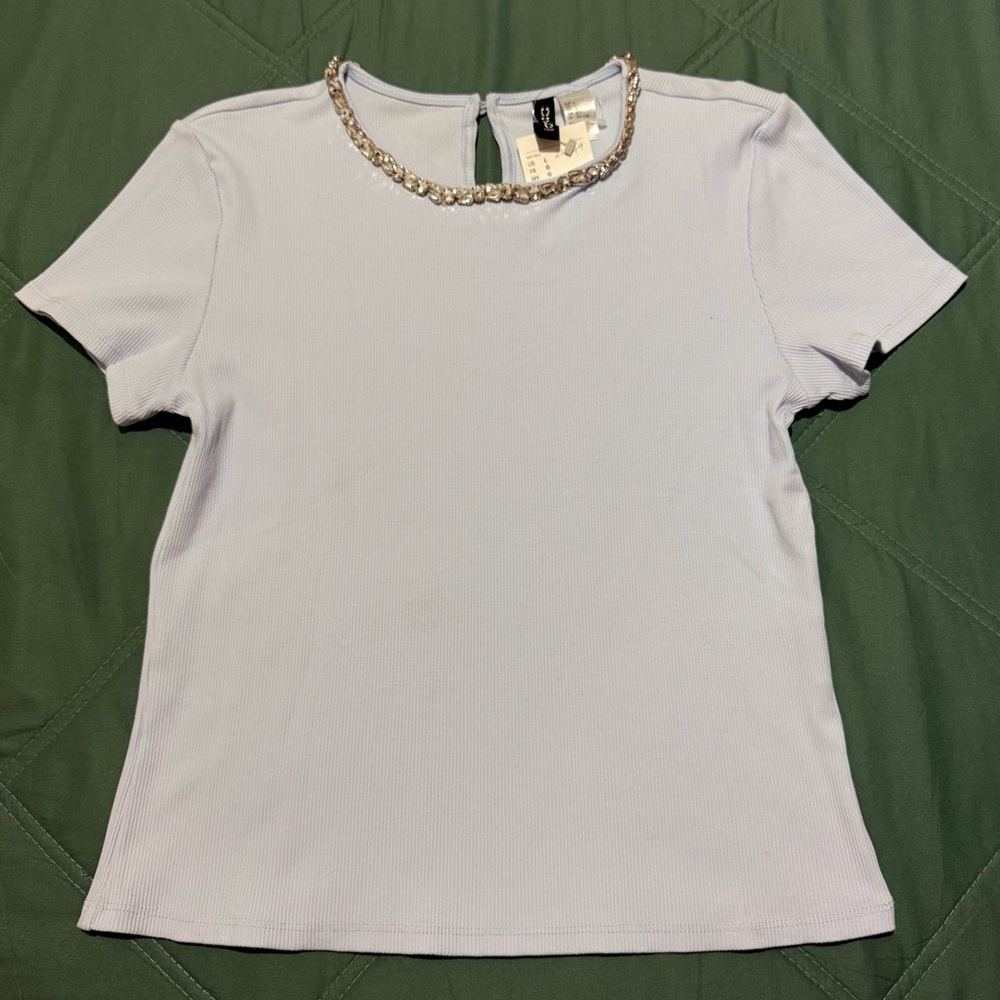 H&M Light Blue Short Sleeve Top with Embellished Neckline